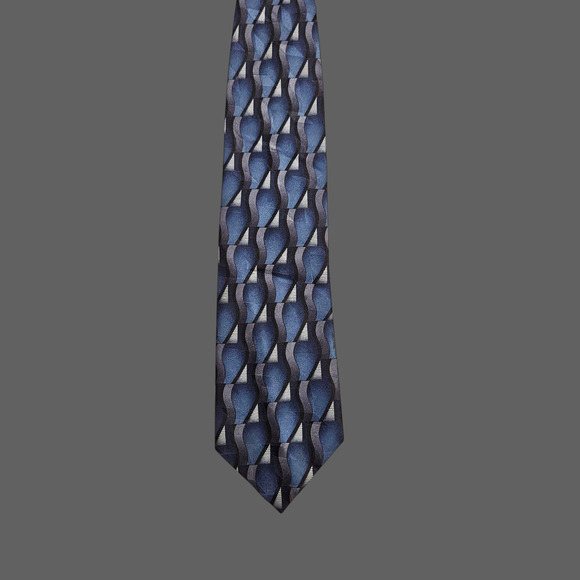 Massini Men’s Tie Blue Gray Geometric Pattern 3.75” Wide 100% Silk Handmade - Picture 3 of 6